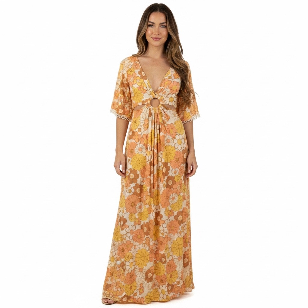 Z & L Chiquitta Orange Floral Print Maxi Dress Retro 70s Boho Festival Large